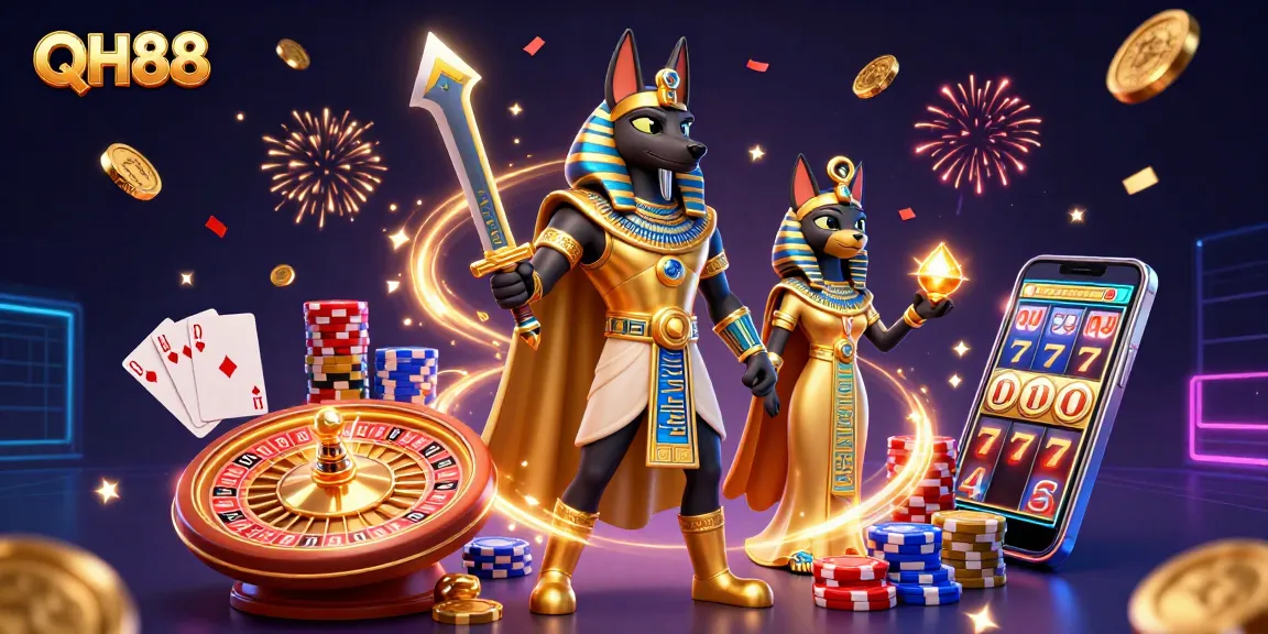 Experience the vibrant world of QH88 with ancient warrior Anubis and glowing casino elements.
