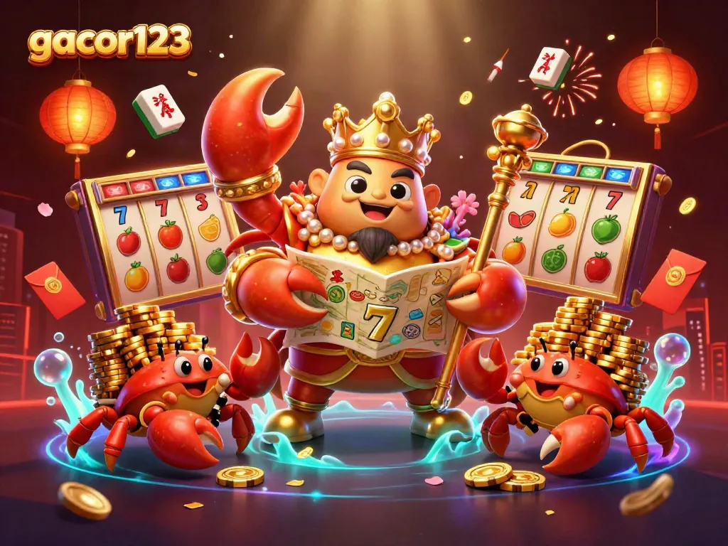 Spin for fortunes at gacor123 with vibrant slots, gold accents, and dynamic characters!