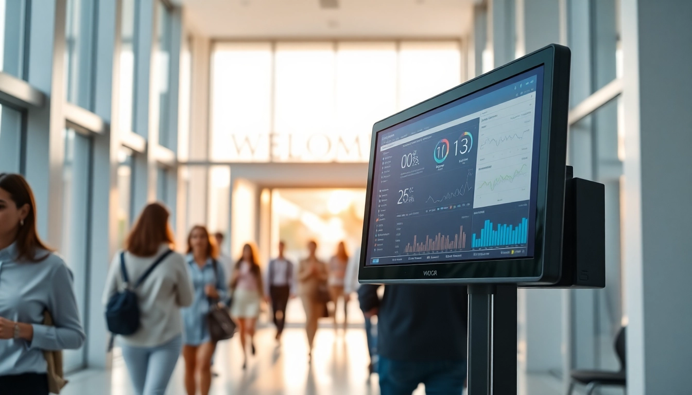 Monitor displaying advanced people counting software tracking foot traffic in a busy entrance.