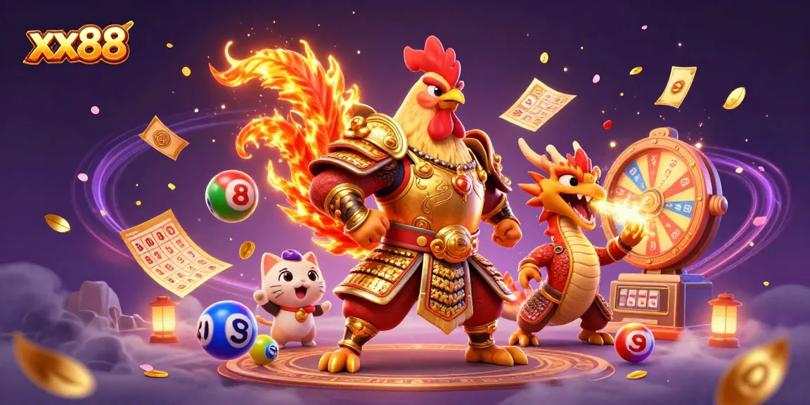Experience thrilling gameplay at xx88 with a dynamic scene of a fighting rooster and dragon in a casino setting.