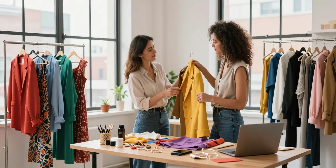 Consulenza d'immagine Milano: consulente moda aiuta cliente a scegliere outfit personalizzati e accessori in un ambiente luminoso.