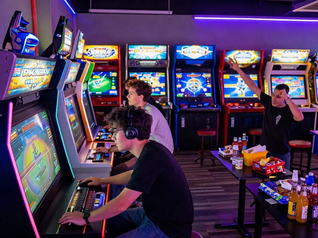 Penggemar diana4d di arcade yang ceria, memainkan berbagai permainan dengan semangat.