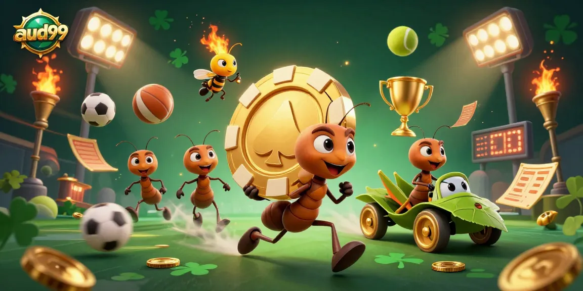Dynamic scene depicting ants carrying a golden poker chip and sports elements, highlighting aud99 action.