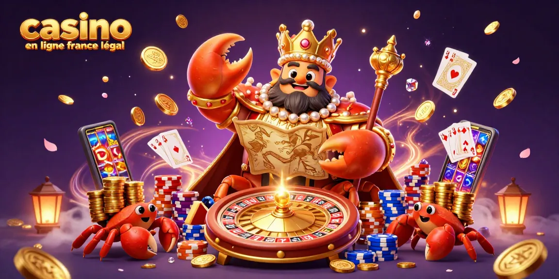 Découvrez le casino en ligne France légal avec un crabe empereur doré entouré de jetons et de cartes.