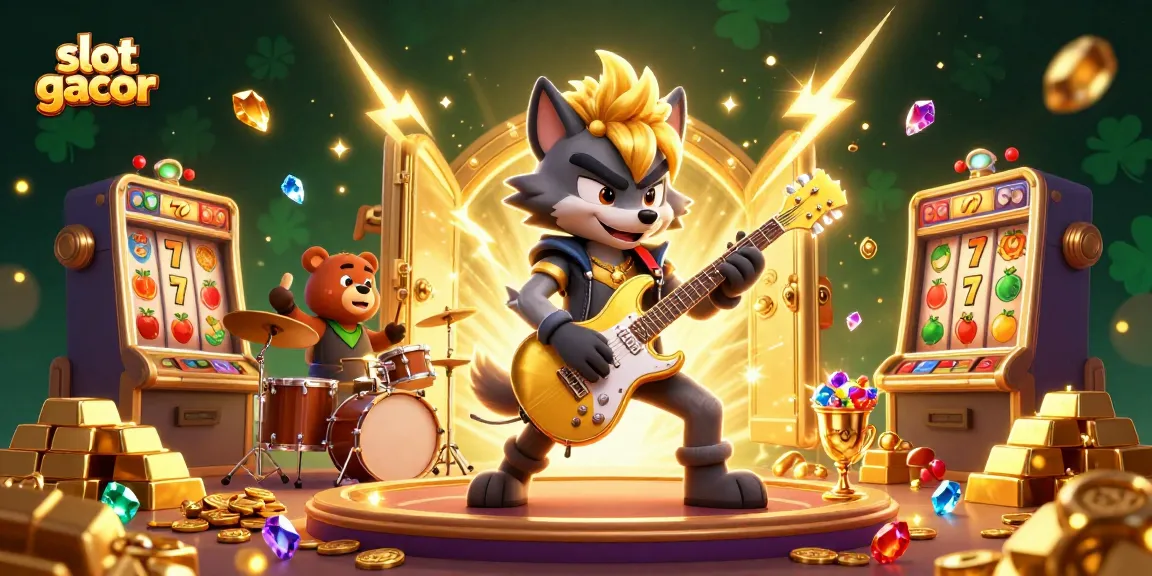 Engaging scene of slot gacor action with cartoon wolf rock star, vibrant gold treasures.