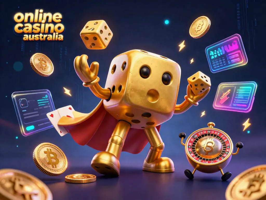 Engaging scene showcasing the vibrant online casino Australia experience with golden dice and crypto elements.