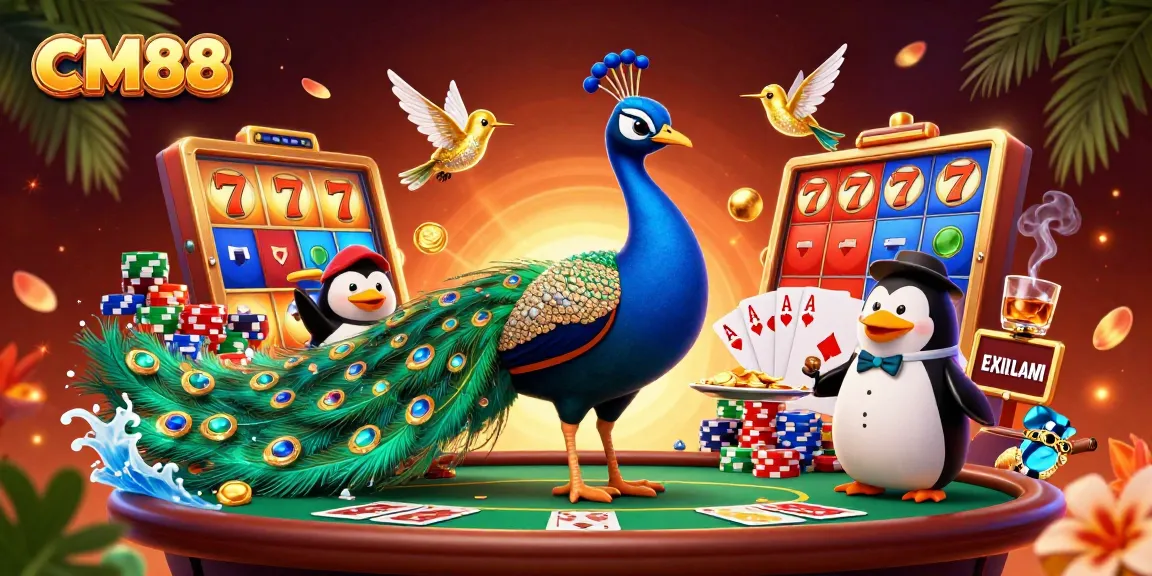 Experience CM88's exciting slot reels and jackpot thrills in a colorful casino scene with fun characters.