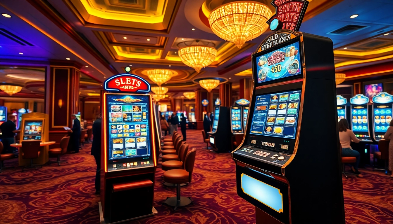 Experience thrilling slot gambling with a vibrant casino scene and lively atmosphere.
