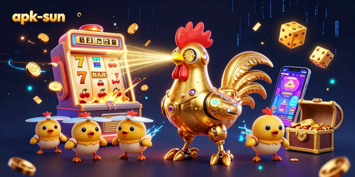 Engage with apk-sun's 3D retro-futuristic casino scene featuring a golden rooster robot and vibrant slot machine.