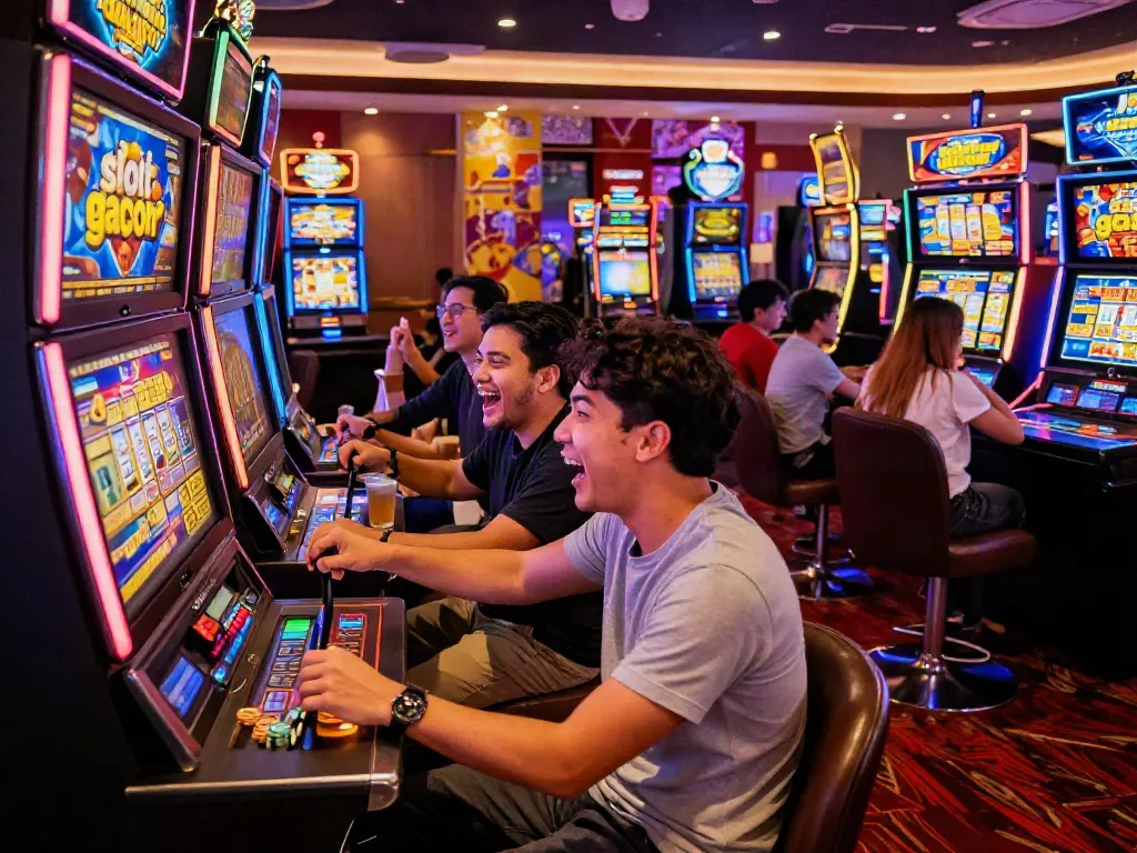 Joyful friends celebrating at a slot gacor machine in a lively casino setting