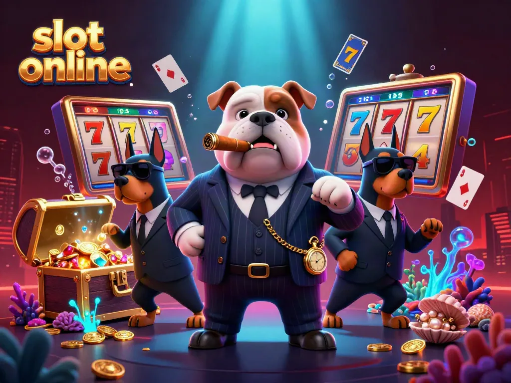 Experience the thrill of slot online games with an engaging 3D casino scene featuring a bulldog mafia boss.