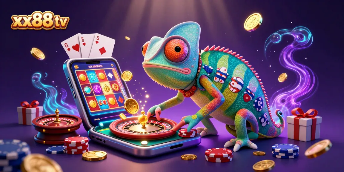 Engage with the vibrant world of xx88 tv, showcasing a playful chameleon spread across a casino-themed scene.