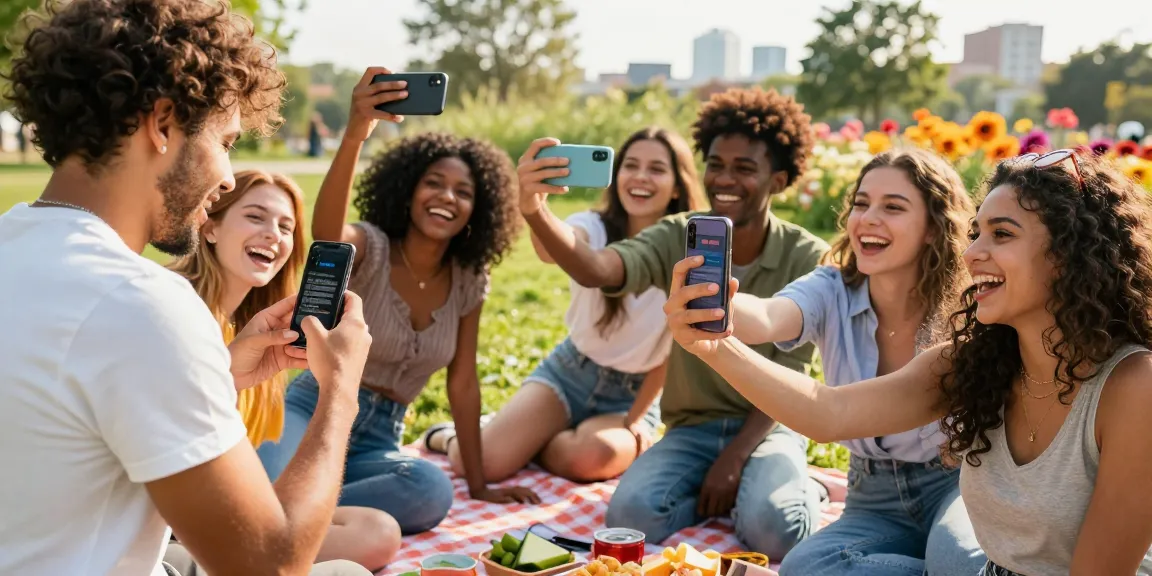 Friends enjoying a social gathering outdoors, taking an attractiveness test using smartphones and sharing laughs, capturing a lively and friendly atmosphere.