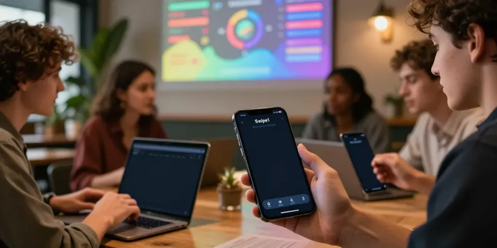 Engaged user interacting with the Swipe1 prediction market app, showcasing 予測市場 through social connections in a cozy café.