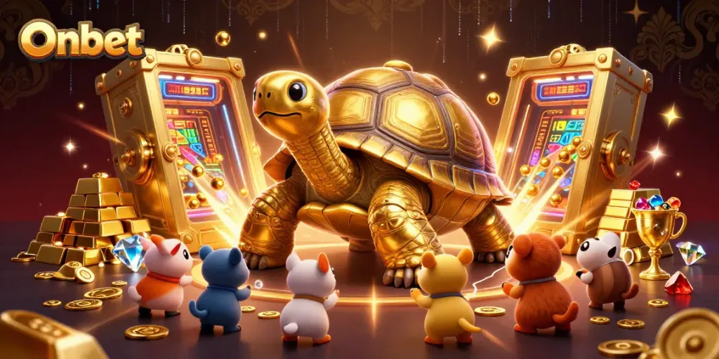Engage with Onbet’s colossal tortoise pinball, surrounded by treasure and excitement.