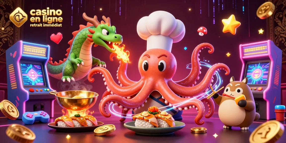 Illustration attrayante de casino en ligne retrait immédiat avec des personnages de jeux animés.