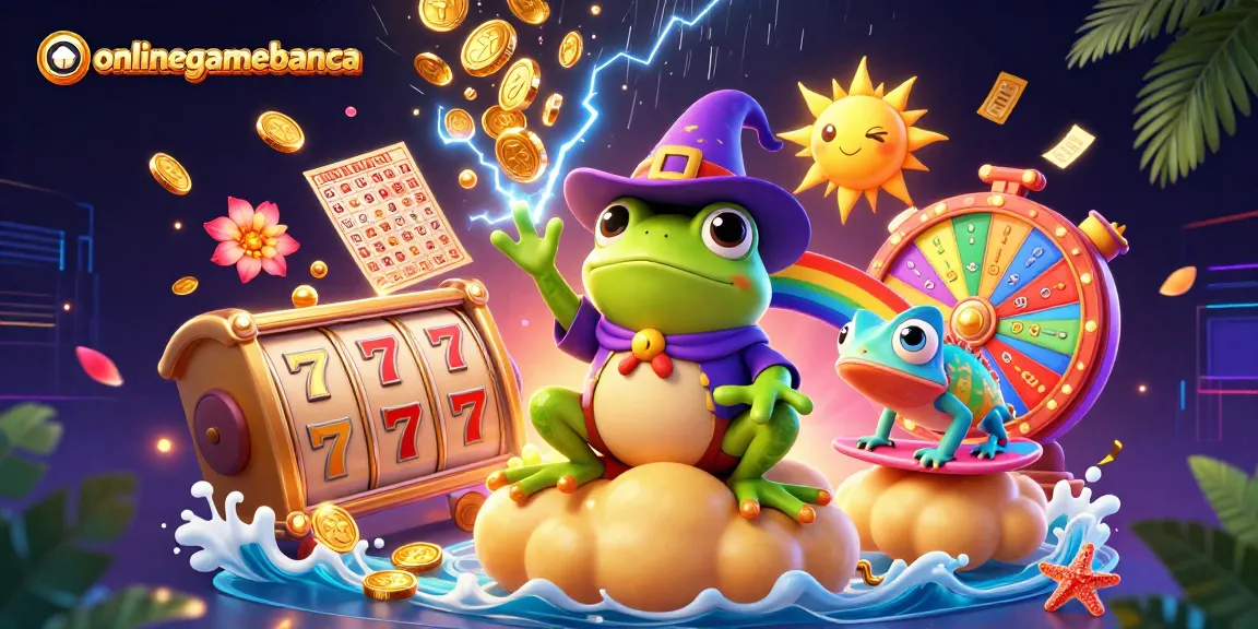 Experience the thrill of winning with onlinegamebanca as a weather wizard frog conjures coins in a dynamic casino illustration.