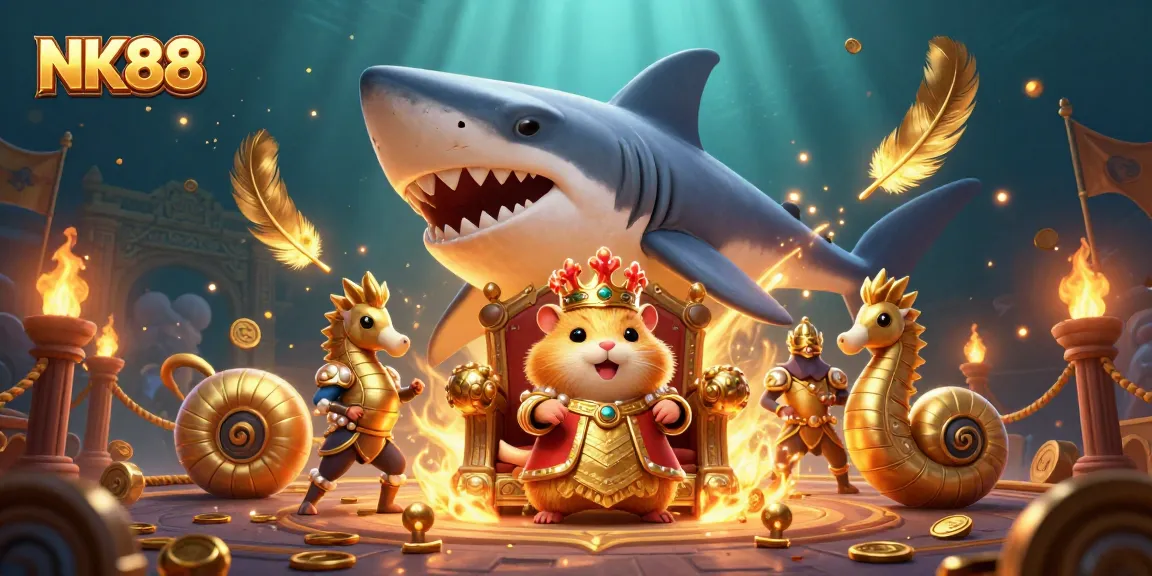 Engage with exciting games at NK88 while exploring a vibrant underwater casino throne scene.
