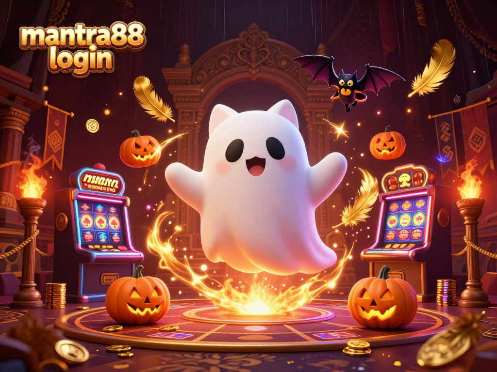 Experience the thrills with mantra88 login in a haunted casino scene featuring a ghost cat and vampire bat.