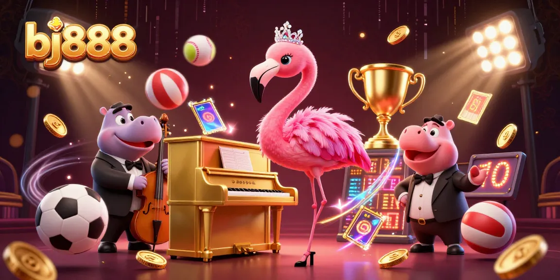 Experience thrilling gameplay at bj888 with vibrant cartoon characters and sports elements set in a rich casino scene.