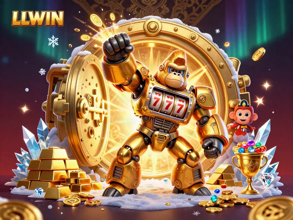 LLWIN showcases an exciting 3D art of a gold gorilla mech amidst treasures, spinning reels, and casino elements.