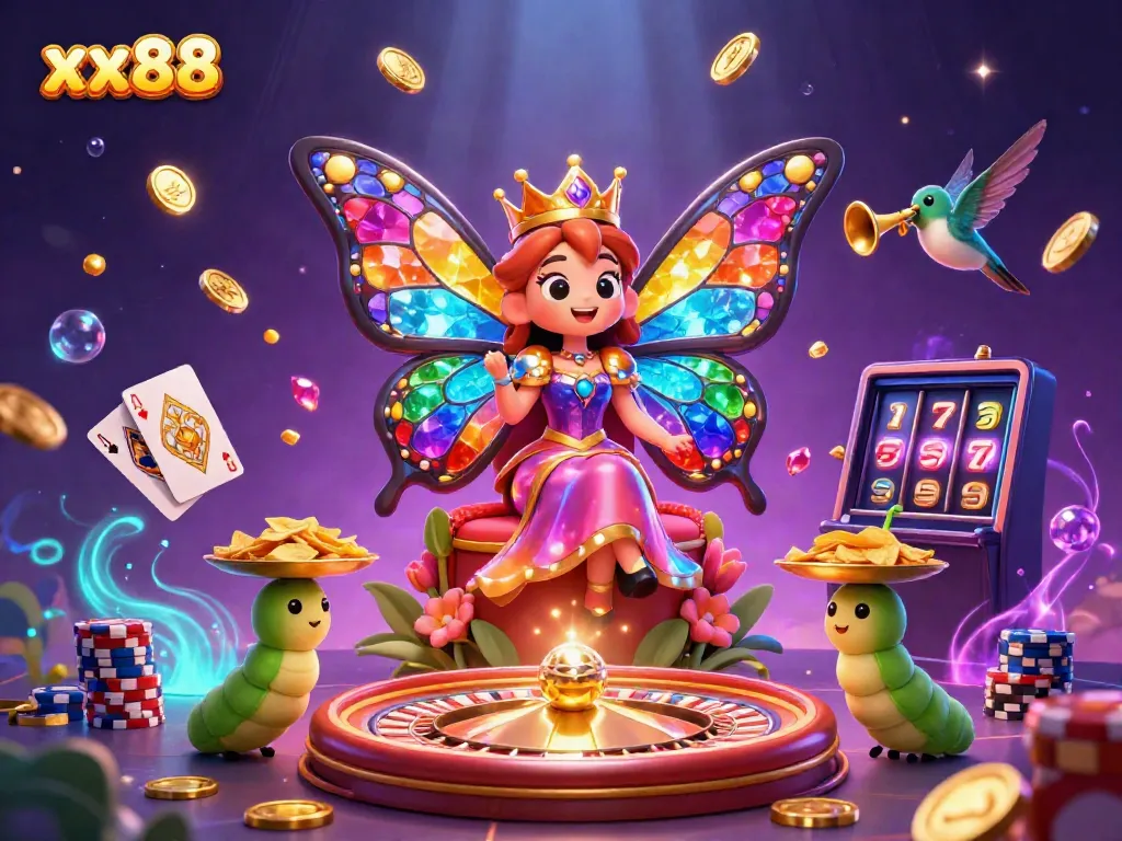 Spin and win with xx88 in this vibrant 3D illustration packed with casino riches.