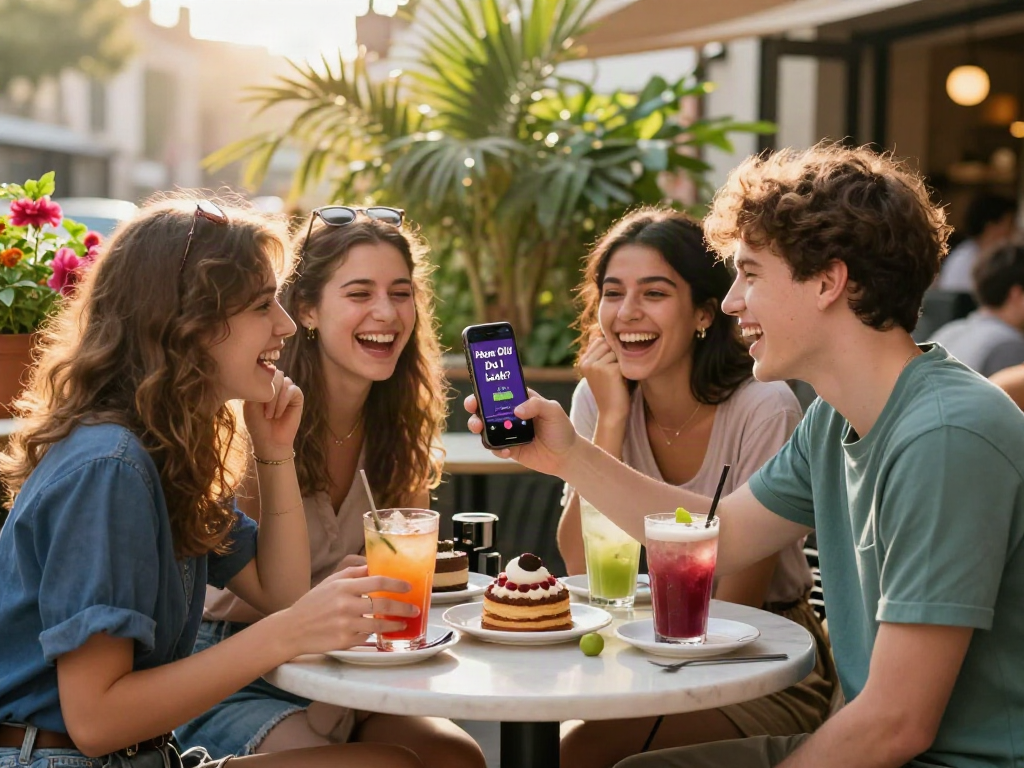Engaging outdoor cafe scene with friends laughing while using the "how old do I look" app on a smartphone.