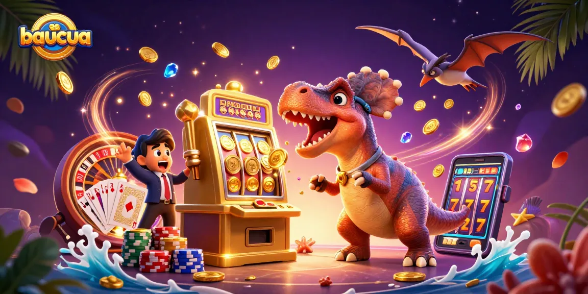 Baucua game scene with a dinosaur hitting a slot machine for jackpots, chaotic yet fun casino atmosphere