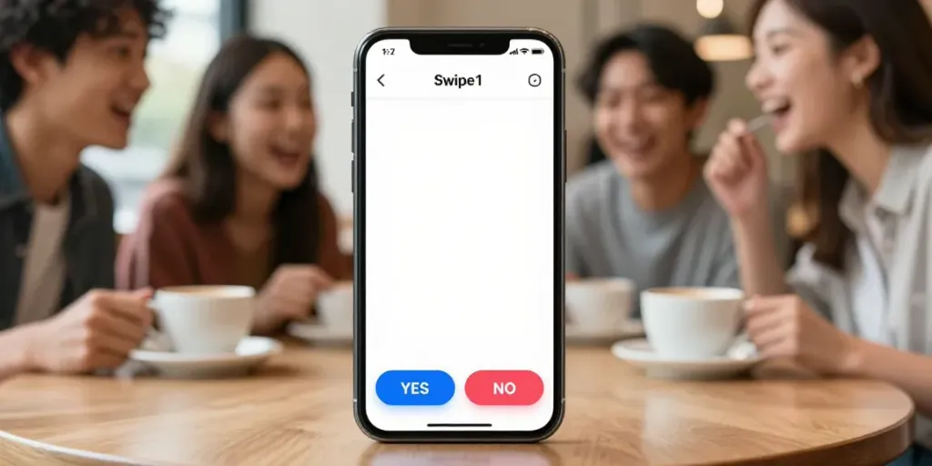 Close-up of the Swipe1 app interface demonstrating 予測市場 options on a smartphone amidst a lively café setting.