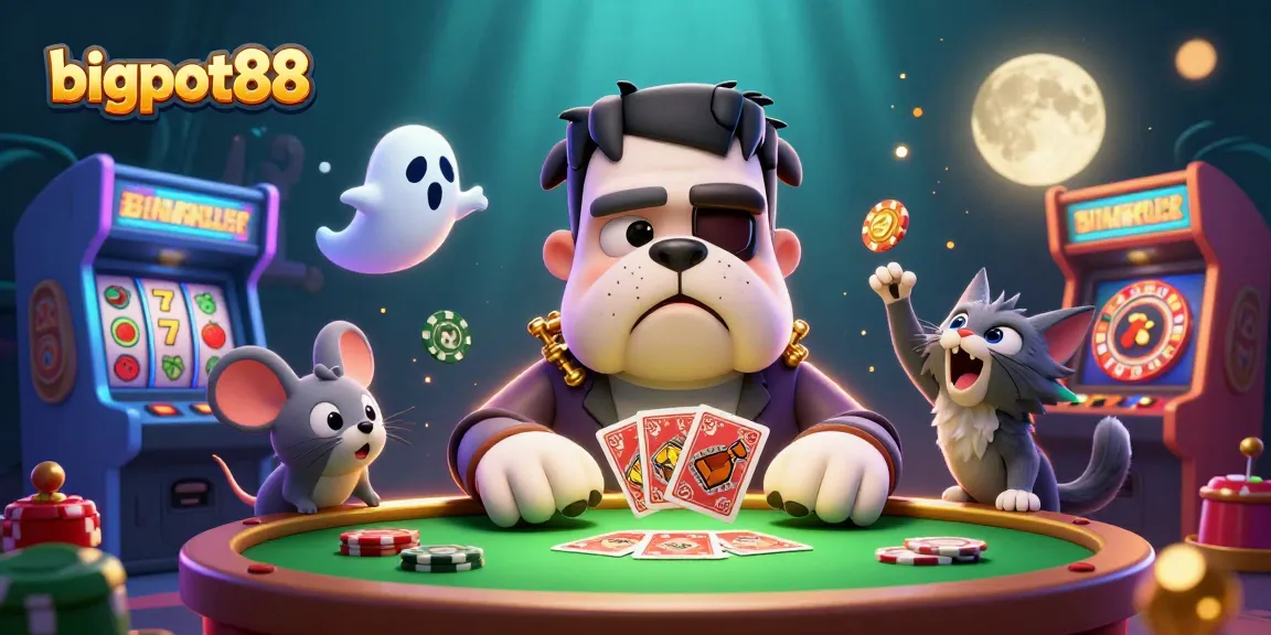 Experience bigpot88 where a monstrous bulldog deals cards at a casino table under a glowing full moon.
