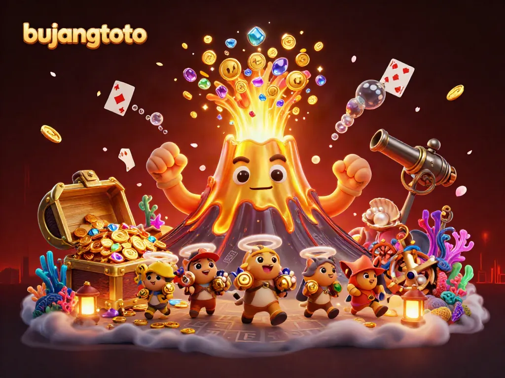 Experience the thrill of bujangtoto with a vibrant erupting volcano scene filled with treasures and adventure.
