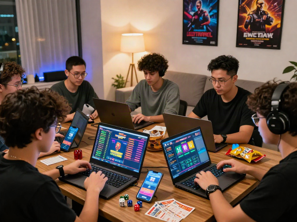 Excited players enjoying togel online gaming with laptops and smartphones in a lively setting.
