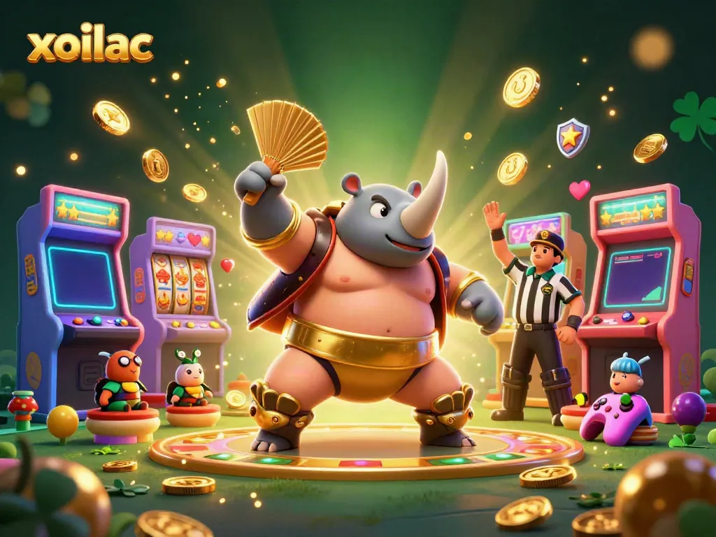 Experience the excitement of xoilac with a cartoon rhinoceros beetle sumo champion stomping coins in a lively scene.