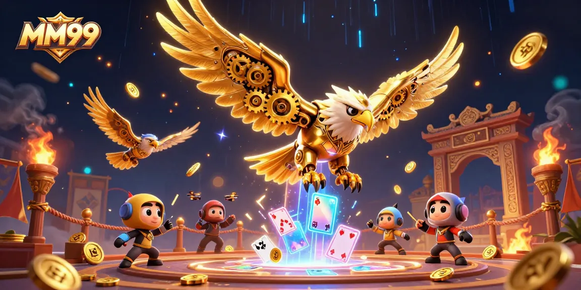 Experience thrilling gameplay at MM99 with a vibrant casino scene featuring a golden eagle and holographic cards.