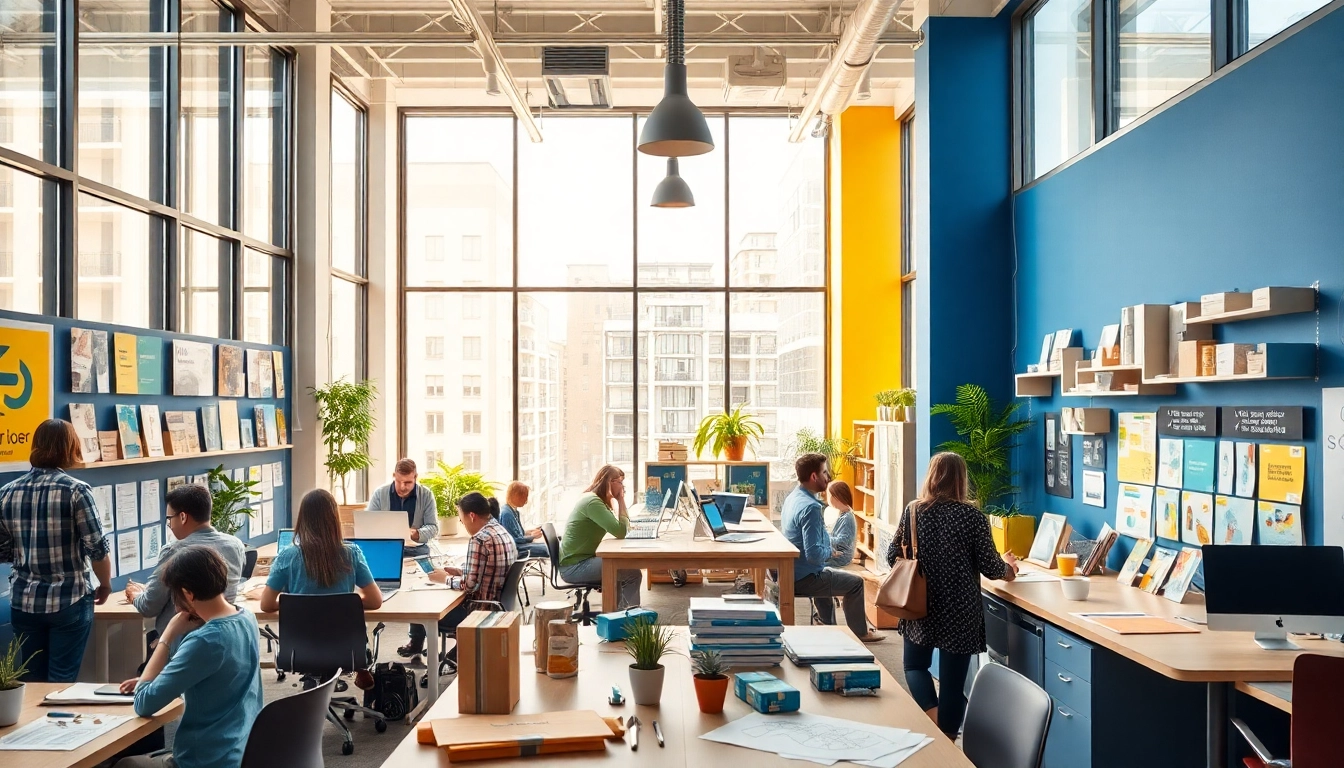 Showcase of packaging design agency Melbourne with vibrant workspace and creative designs.