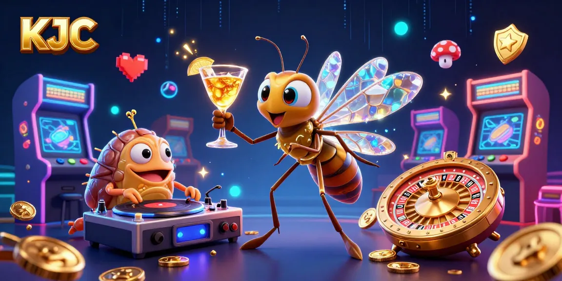 KJC casino mascot, a frozen mosquito holding a golden cocktail, alongside a trilobite DJ and golden roulette wheel, illustrating excitement.