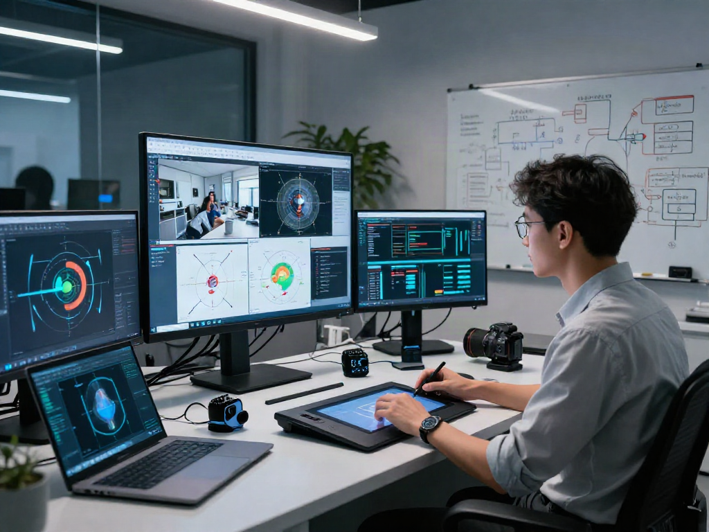 AI Detector in a high-tech lab setting with images and algorithms displayed on screens.