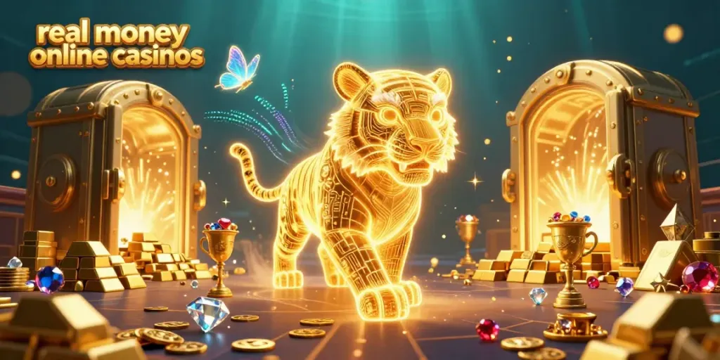 Experience the vibrant energy of real money online casinos with a dazzling neon-wireframe tiger amidst treasures.