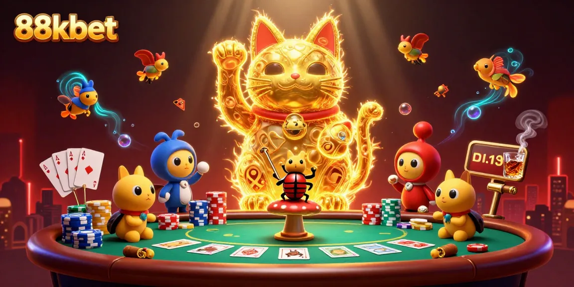 Engage with 88kbet's dynamic gaming scene featuring a lucky cat and golden fireflies.