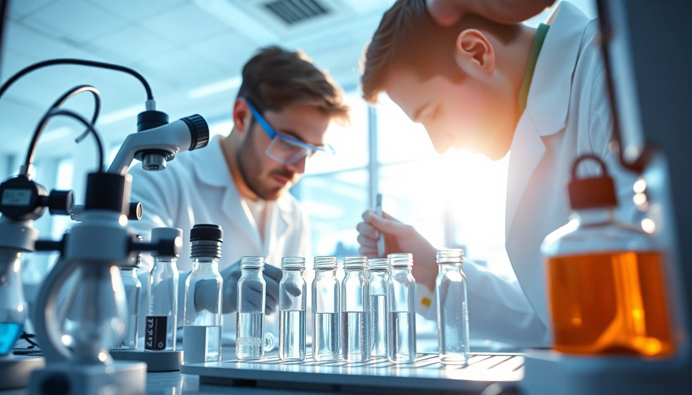 Analyze peptidology concepts in a high-tech laboratory highlighting precision and innovation.
