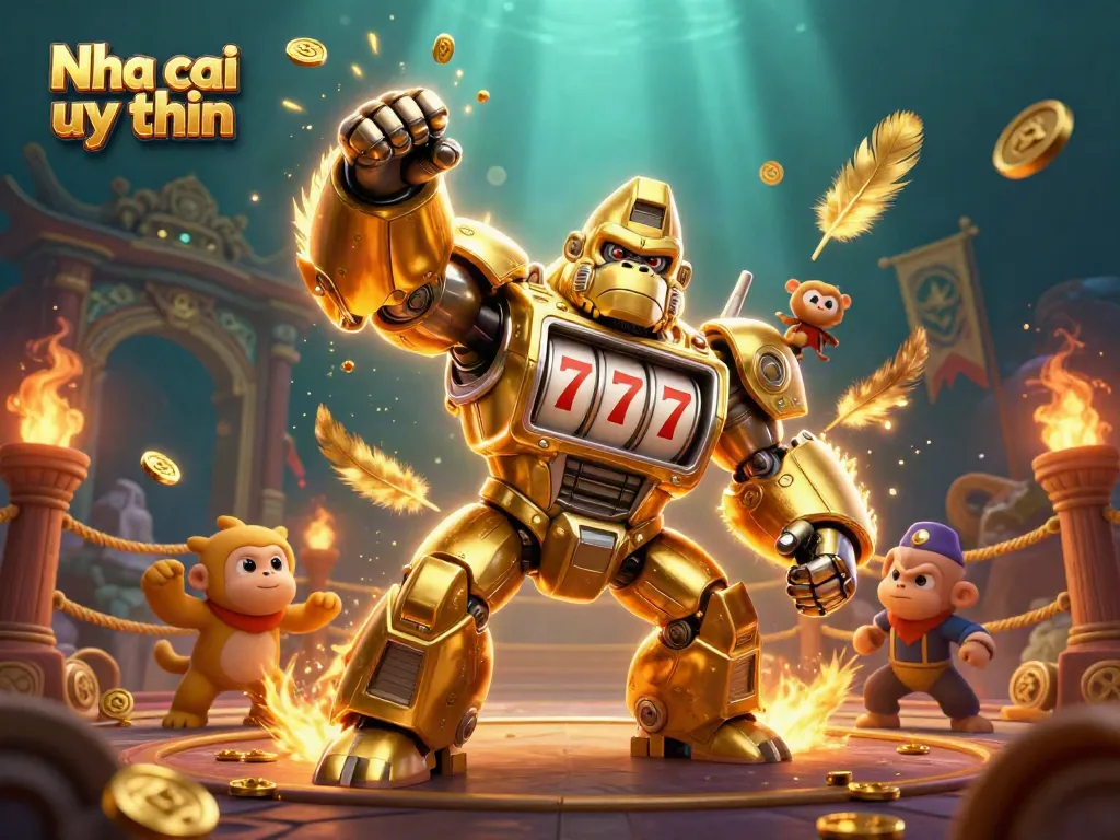 Nha cai uy tin showcases a vibrant 3D scene with a golden gorilla mech amidst dynamic casino elements.