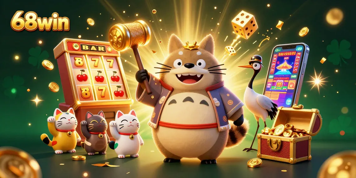 Experience excitement with 68win's vibrant illustration featuring dynamic gaming elements and cheerful characters.