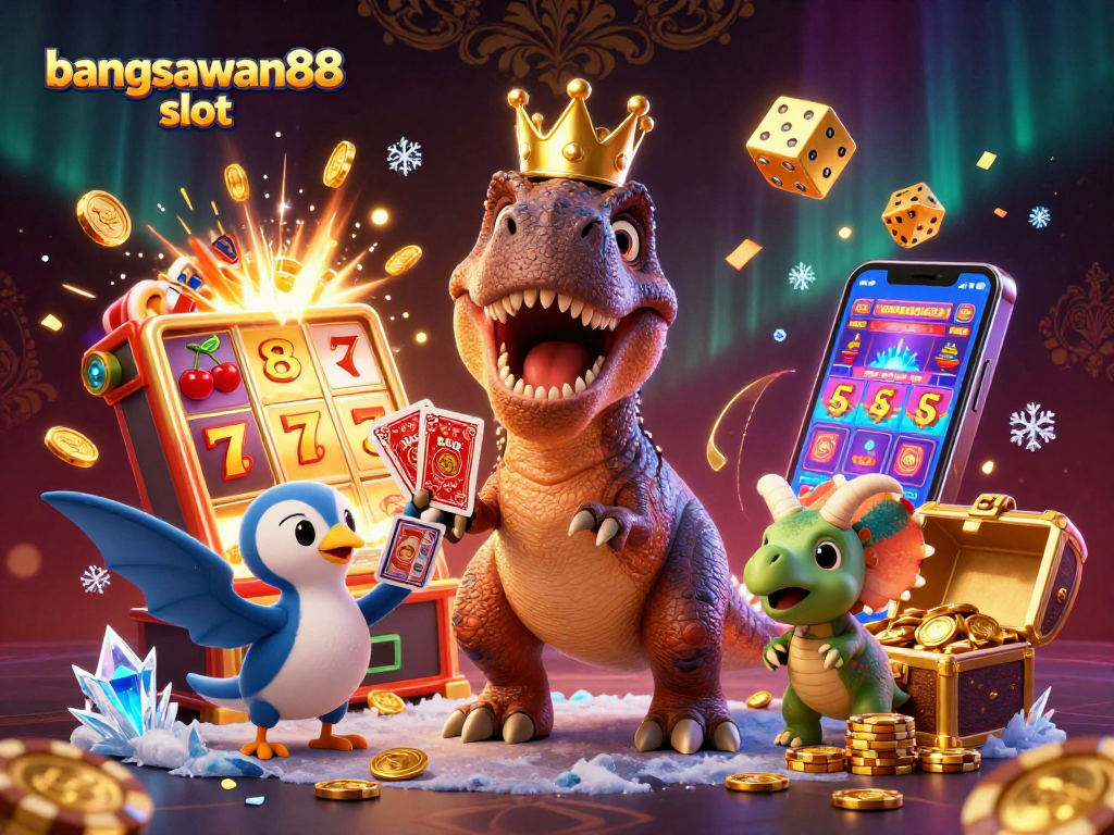 Play the bangsawan88 slot with vibrant characters in a lively casino scene