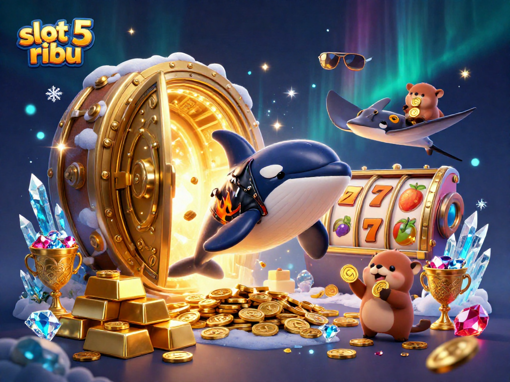 Play slot 5 ribu and uncover treasures in a vibrant digital casino-themed illustration with lively sea creatures.