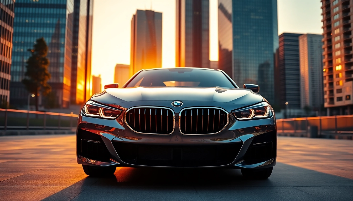 Showcase of a Luxury BMW car in a stunning urban landscape at sunset.