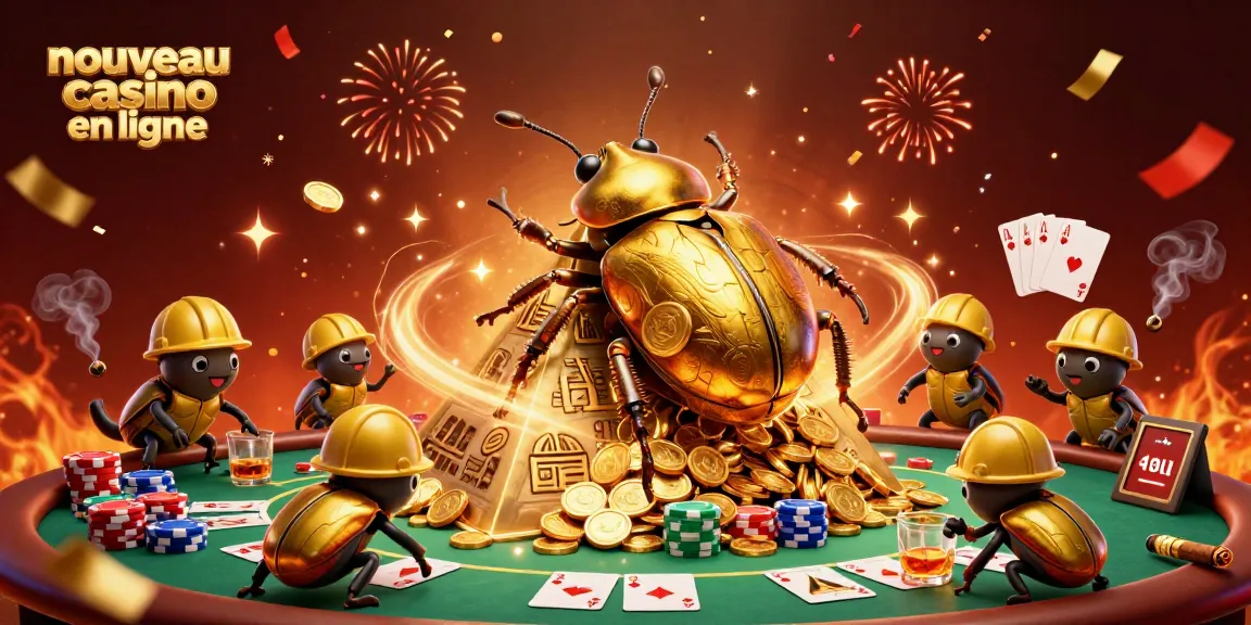 Illustration représentant un nouveau casino en ligne avec un scarabée doré et des éléments de poker autour.