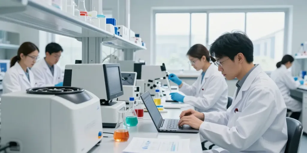 Swiss Chems peptides research team analyzing compound synthesis in a modern lab.
