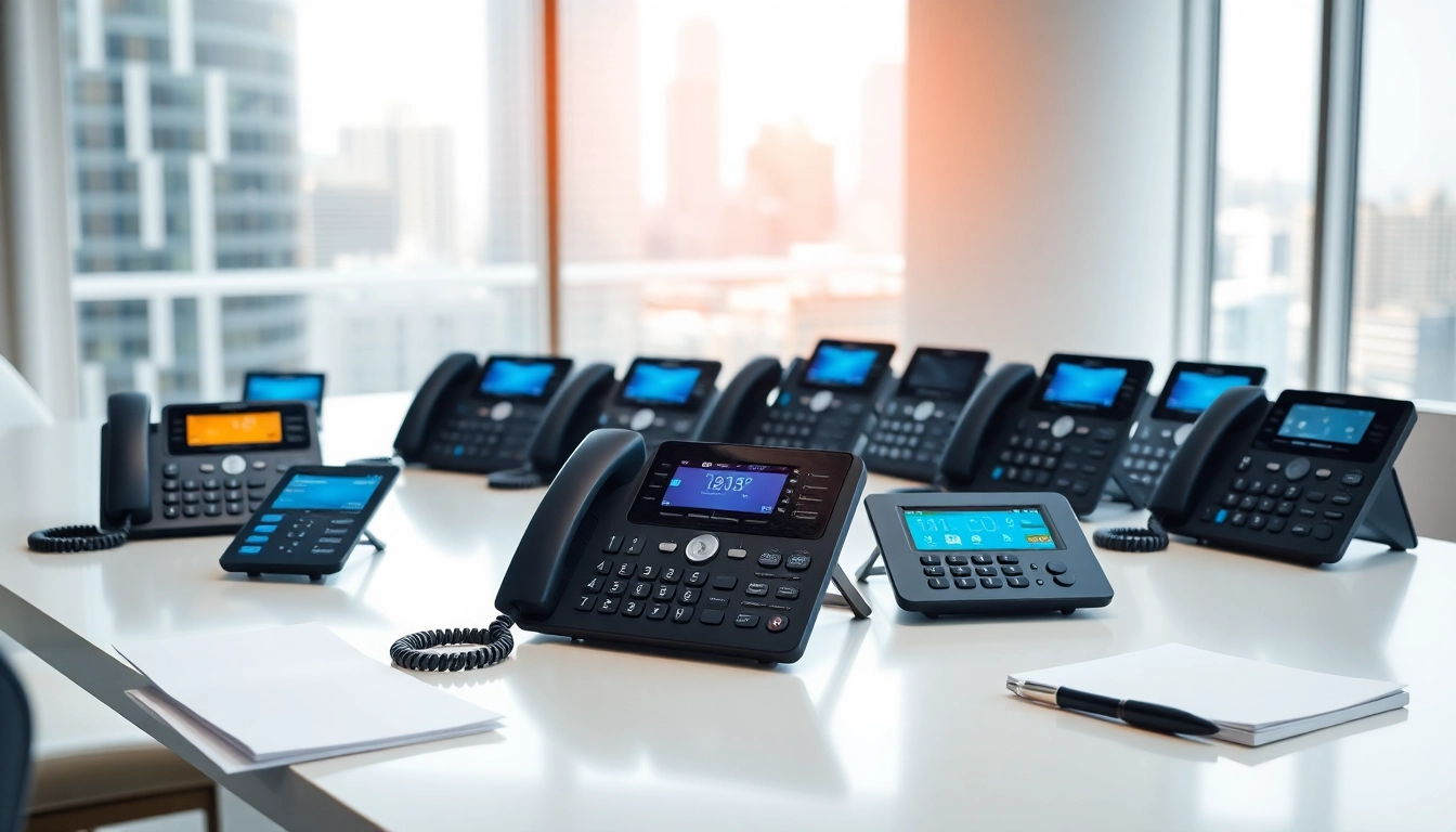 Showcase of business phones highlighting modern technology in a professional office setting.