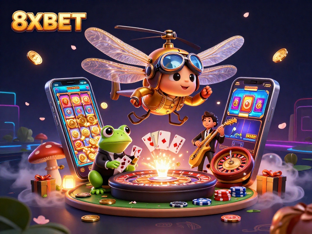 Play and win with 8XBET at a vibrant lily pad casino featuring unique characters and exciting games.