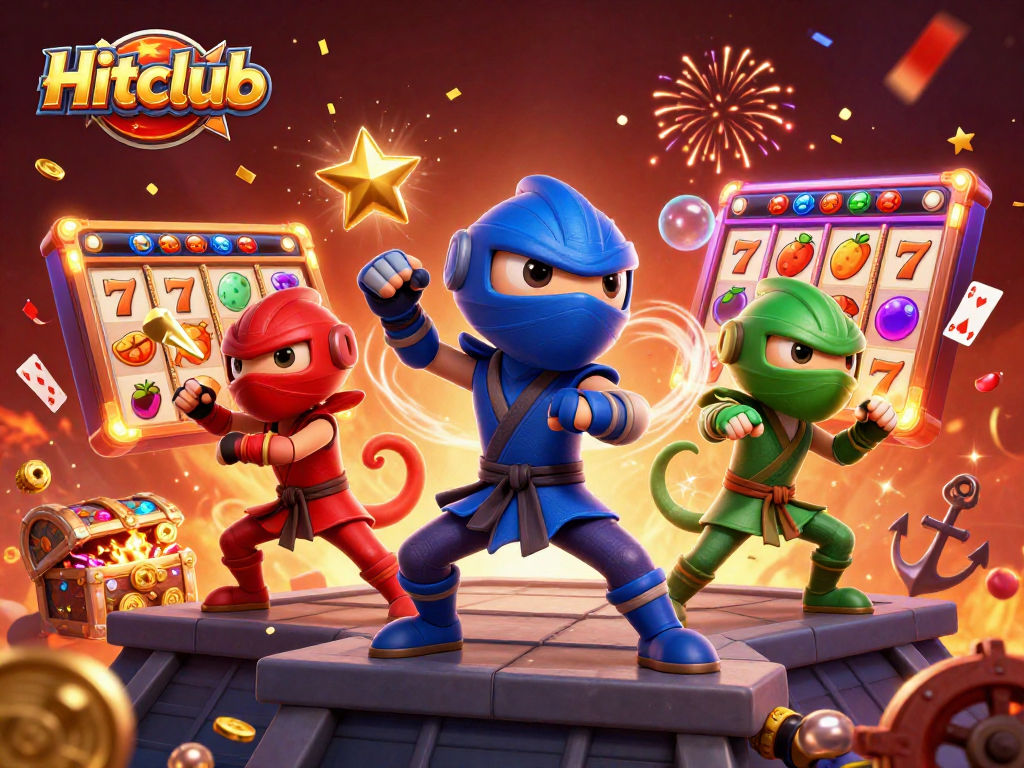 Hitclub showcases a vibrant online casino atmosphere with 3D ninja chameleons amid slot elements.